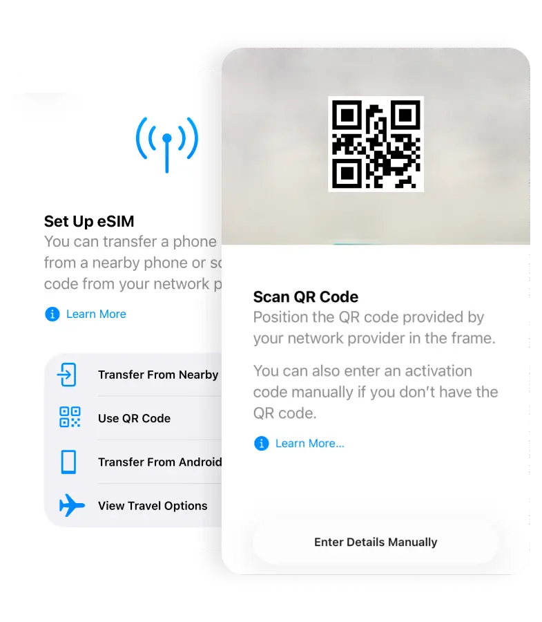 iPhone Set Up eSIM screen scanning a QR code