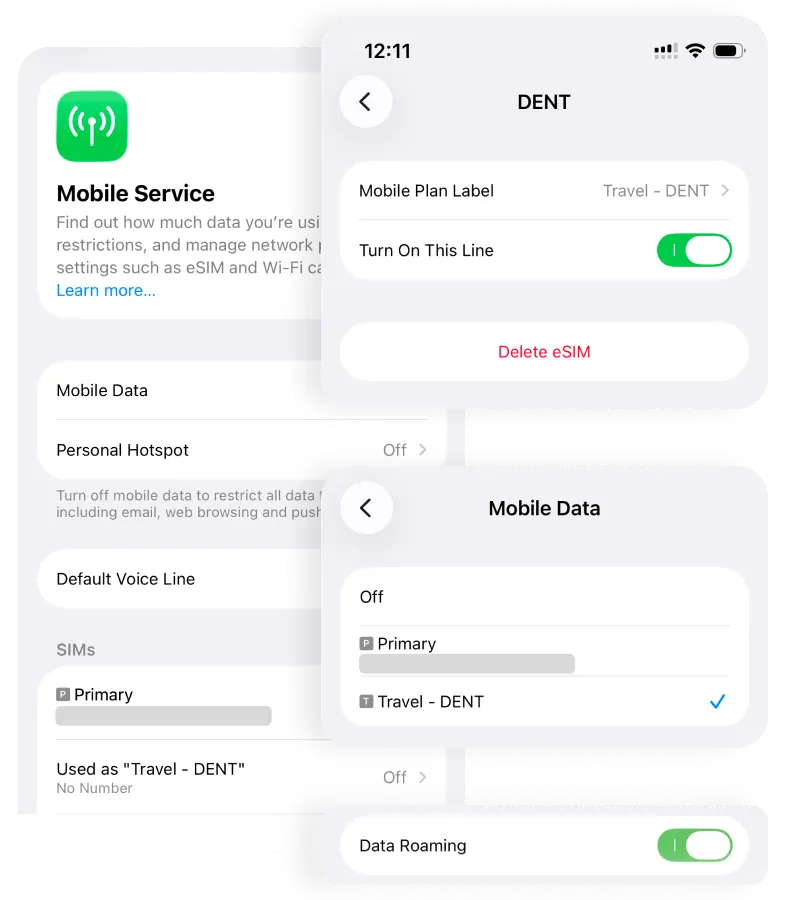 iPhone Mobile Data settings with the travel eSIM selected and Data Roaming enabled